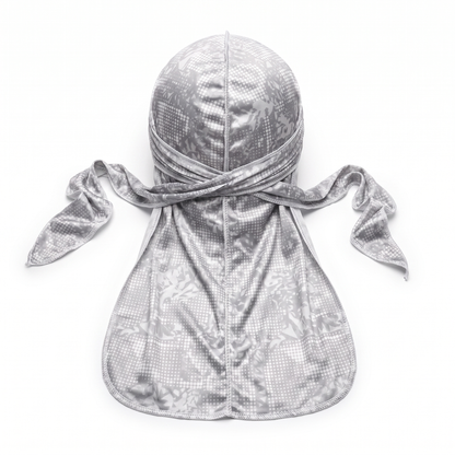 Digital Chameleon Ash pixel camo Satin Silky Durag - premium silky durag back view showing wrap straps, tail and stitching
