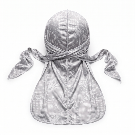 Digital Chameleon Ash pixel camo Satin Silky Durag - premium silky durag back view showing wrap straps, tail and stitching
