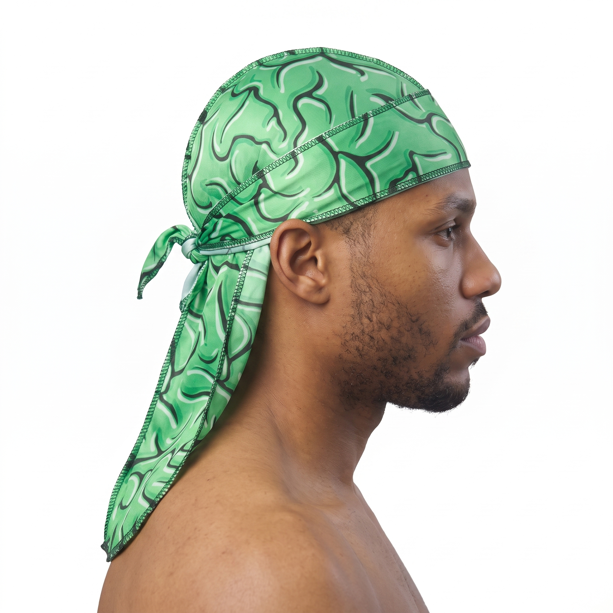 Green Brains graphic Satin Silky Durag worn by male model, side profile showing fit and tail drape