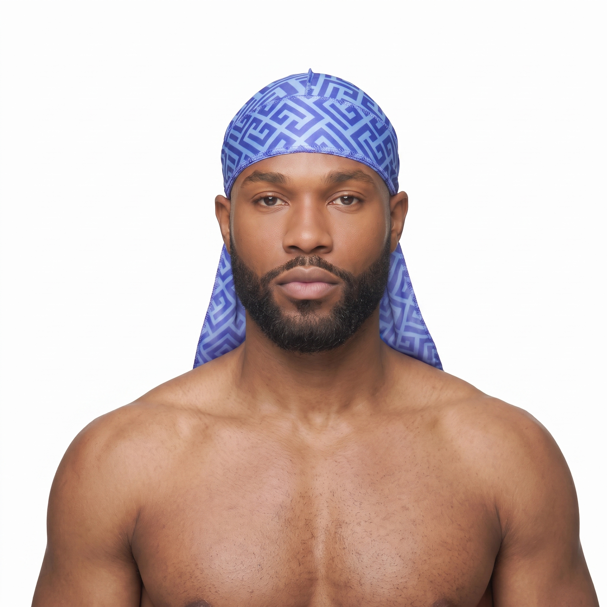 Blue Maze geometric Satin Silky Durag worn by male model, front view on white background