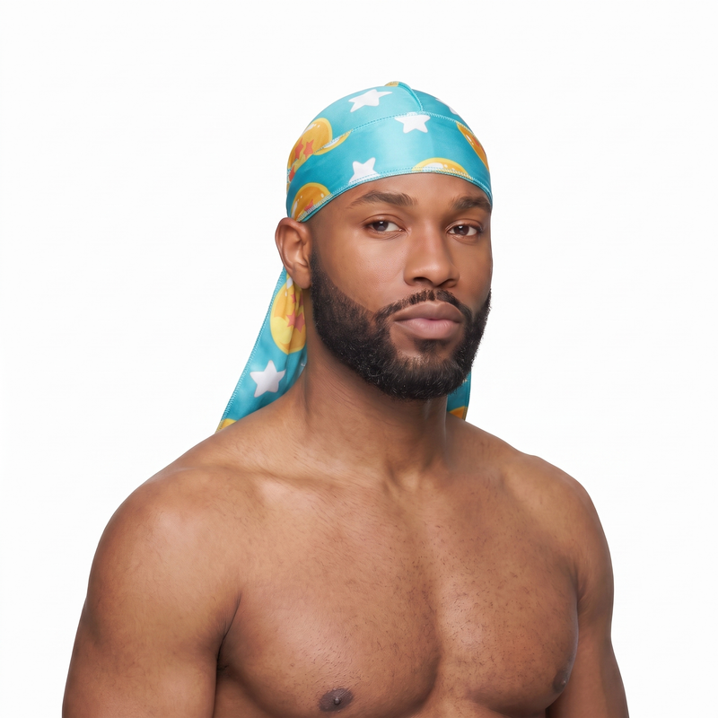 Dragon Ball Z Turquoise Satin Silky Durag worn by male model, front view on white background