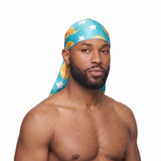 Dragon Ball Z Turquoise Satin Silky Durag worn by male model, front view on white background