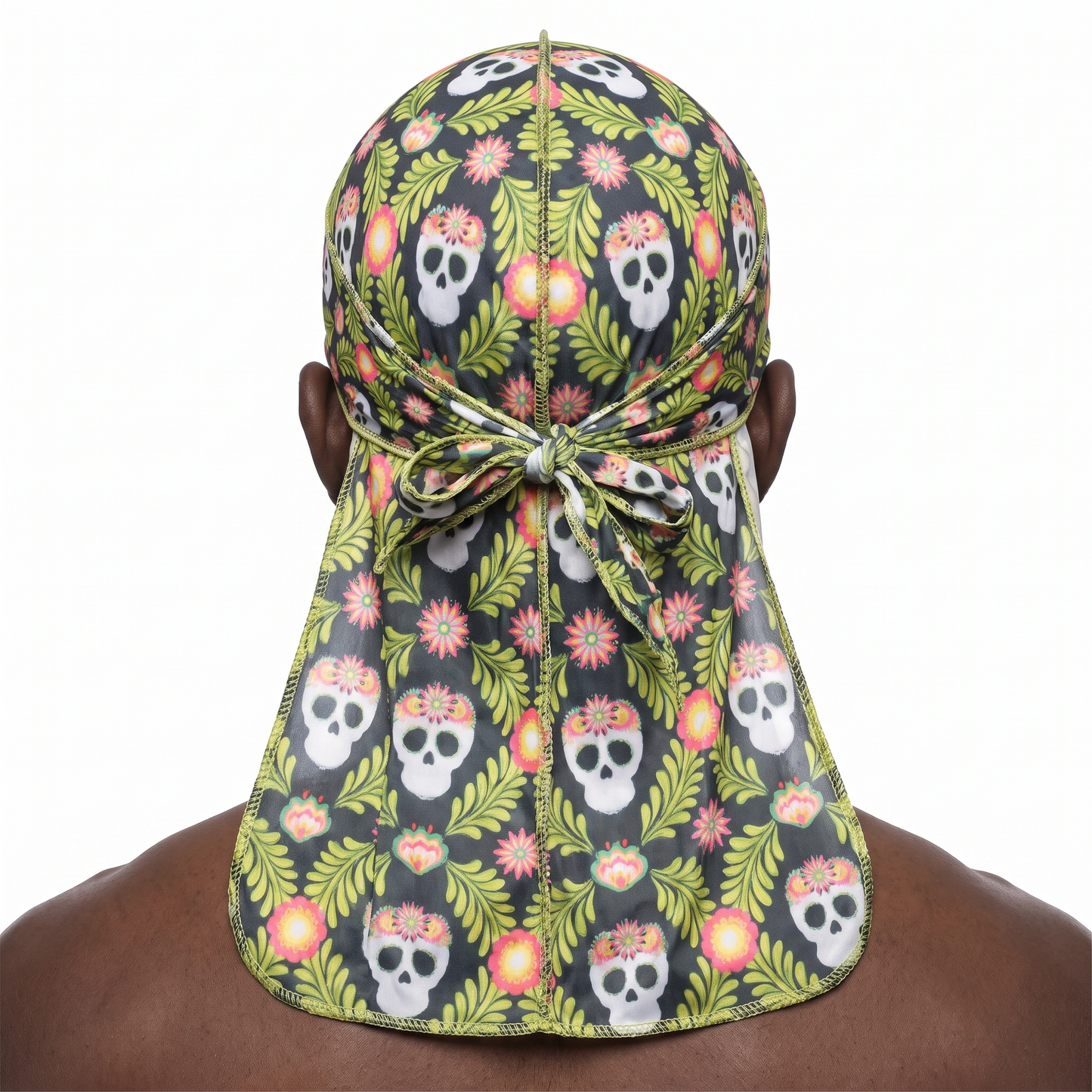 Cinco De Mayo Green festive Satin Silky Durag worn by male model, back view showing tied wrap and tail