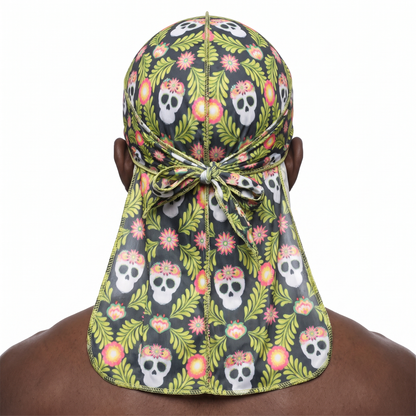 Cinco De Mayo Green festive Satin Silky Durag worn by male model, back view showing tied wrap and tail