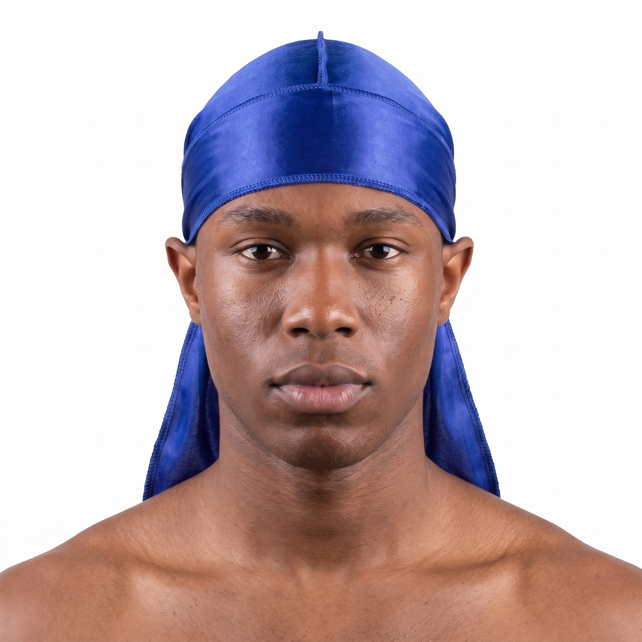 Premium Silk Durag Persian Blue worn by male model, front view on white background