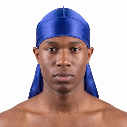 Premium Silk Durag Persian Blue worn by male model, front view on white background