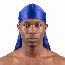 Premium Silk Durag Persian Blue worn by male model, front view on white background