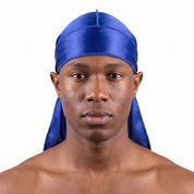 Premium Silk Durag Persian Blue worn by male model, front view on white background