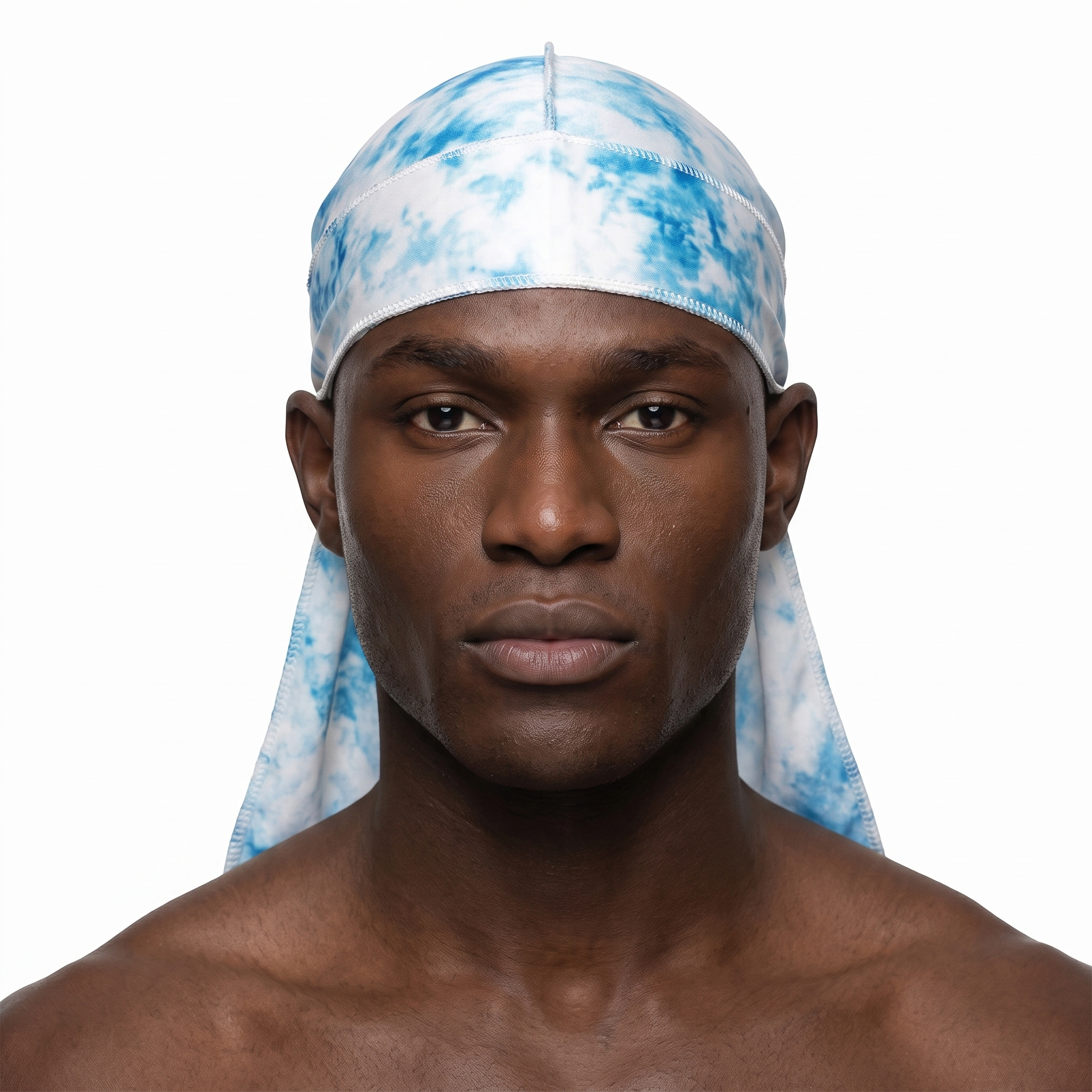 Blue Tye Dye Satin Silky Durag worn by male model, front view on white background