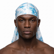 Blue Tye Dye Satin Silky Durag worn by male model, front view on white background