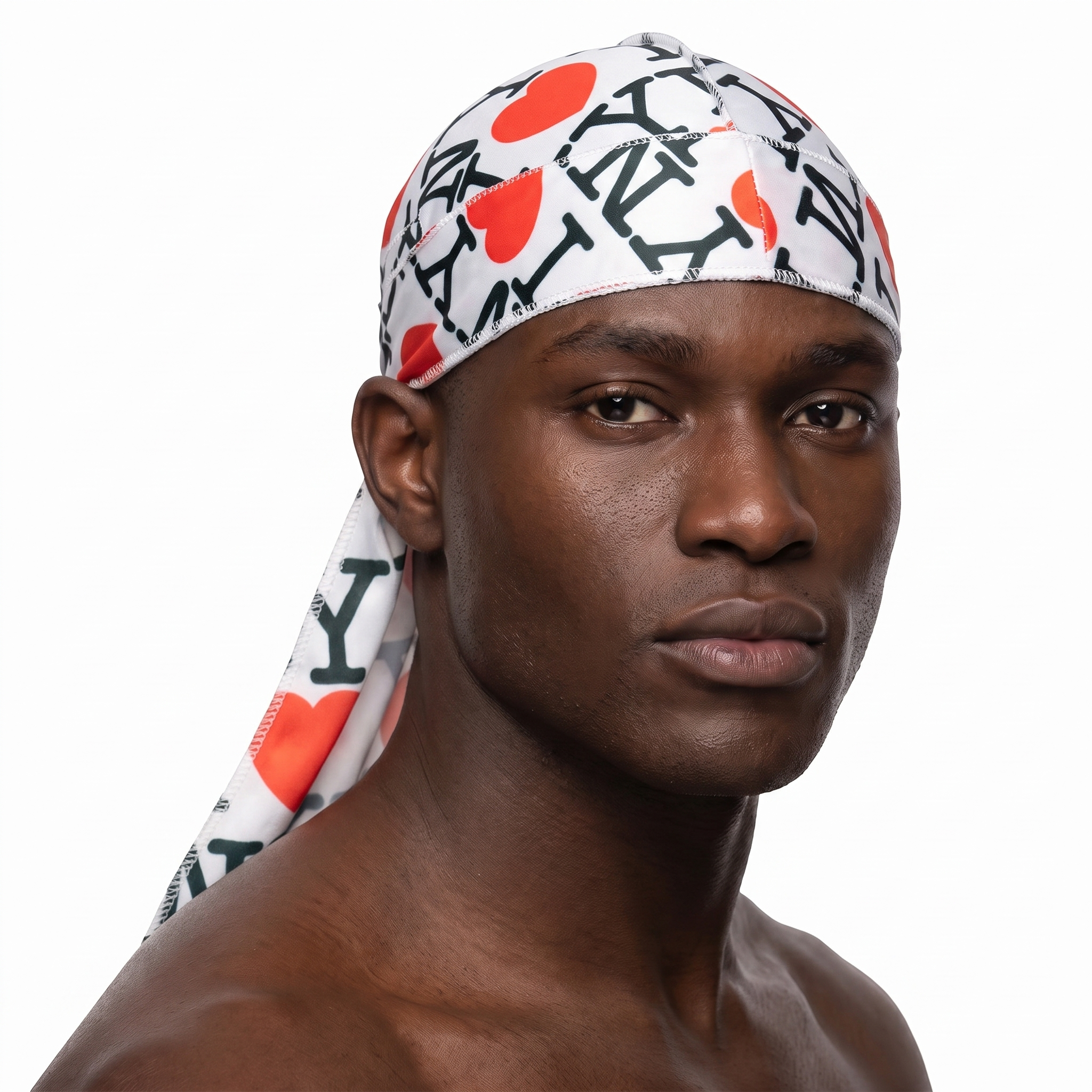 I Love NY graphic Satin Silky Durag worn by male model, front view on white background