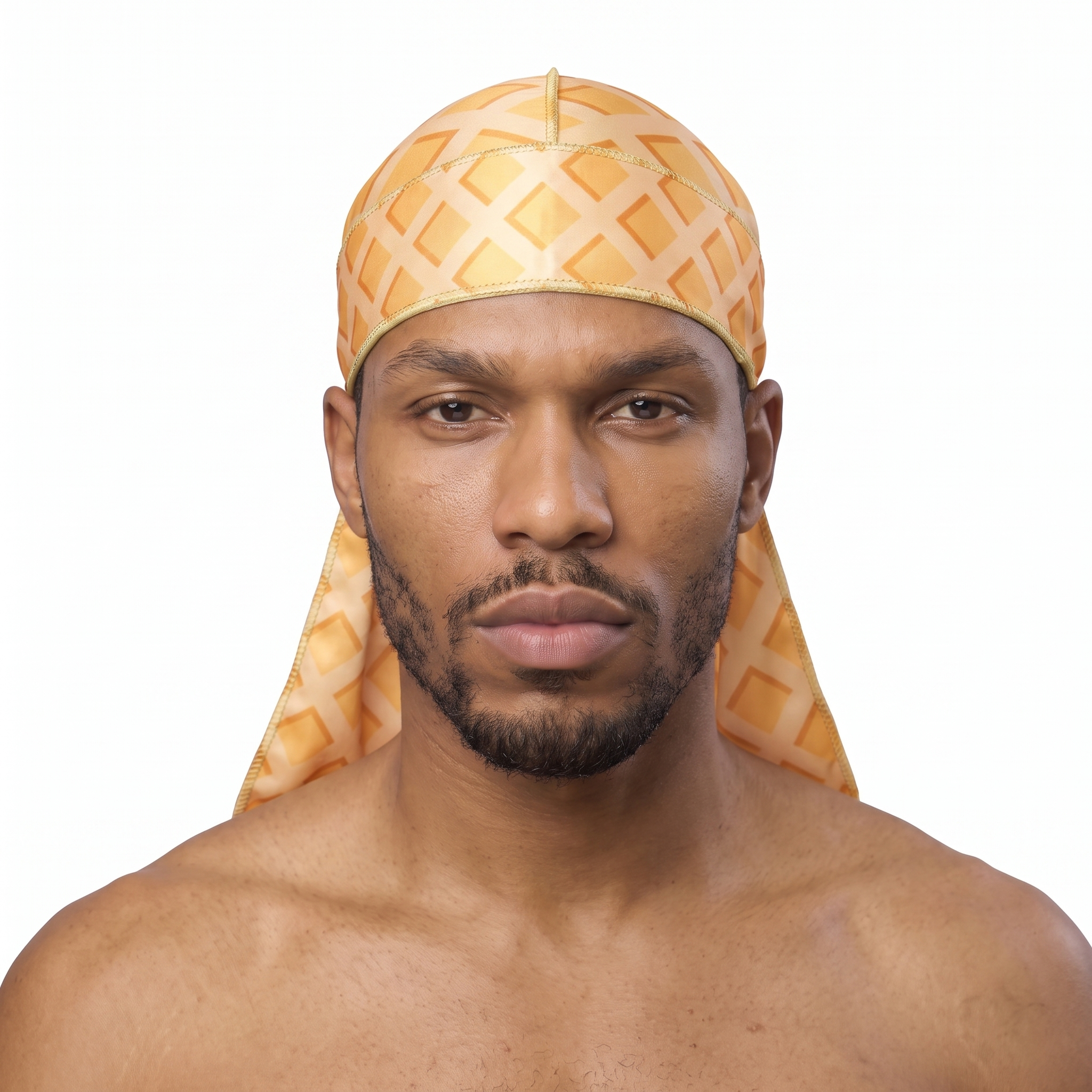 Honey Cone waffle-cone Satin Silky Durag worn by male model, front view on white background