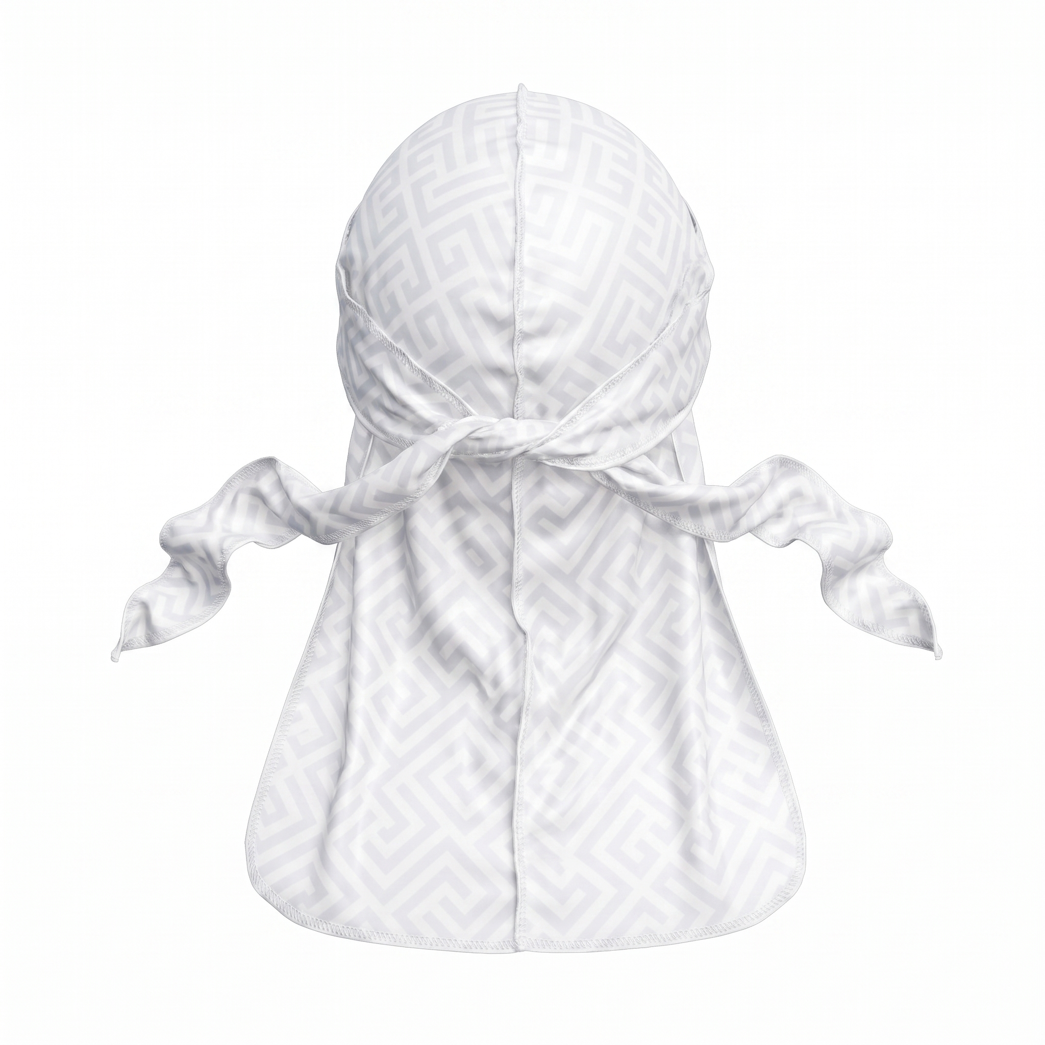 Ash Grey Maze geometric Satin Silky Durag - premium silky durag back view showing wrap straps, tail and stitching