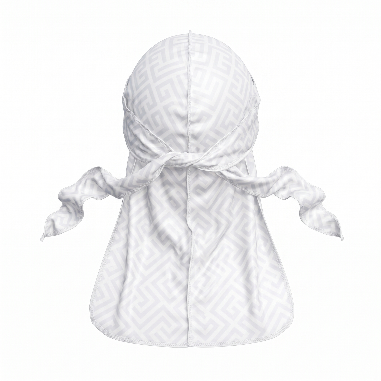 Ash Grey Maze geometric Satin Silky Durag - premium silky durag back view showing wrap straps, tail and stitching