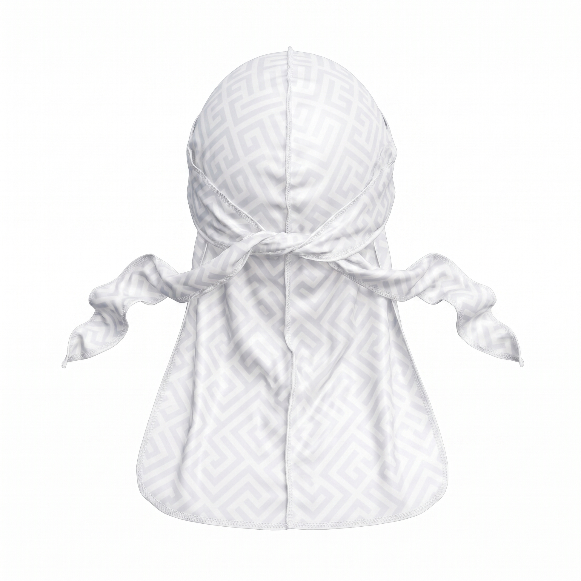 Ash Grey Maze geometric Satin Silky Durag - premium silky durag back view showing wrap straps, tail and stitching