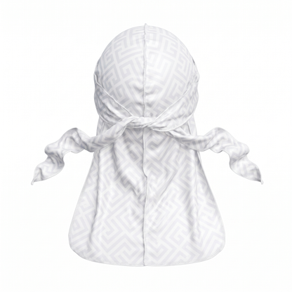 Ash Grey Maze geometric Satin Silky Durag - premium silky durag back view showing wrap straps, tail and stitching