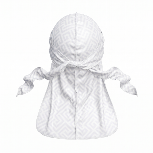 Ash Grey Maze geometric Satin Silky Durag - premium silky durag back view showing wrap straps, tail and stitching