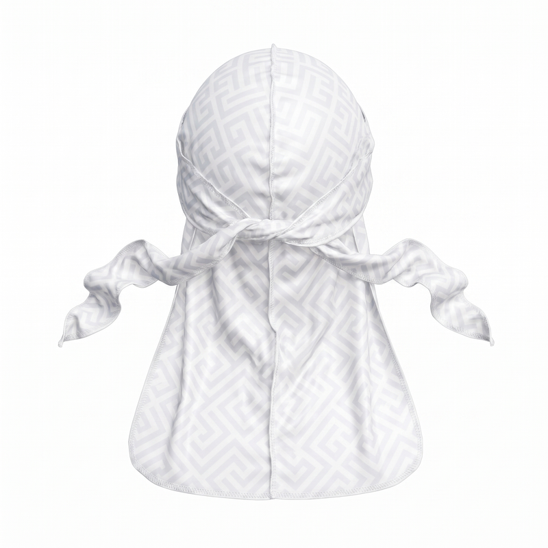 Ash Grey Maze geometric Satin Silky Durag - premium silky durag back view showing wrap straps, tail and stitching