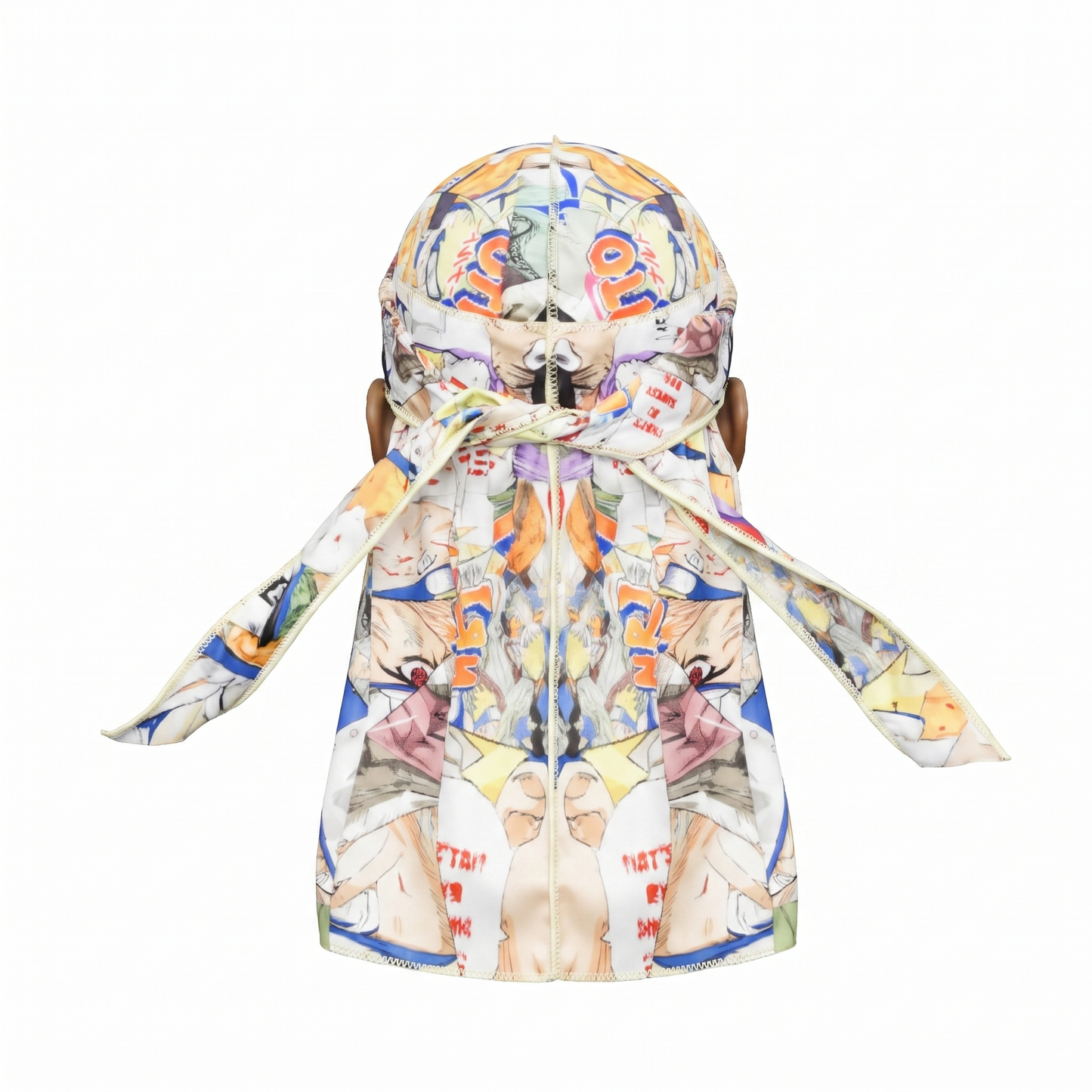 Naruto anime graphic Satin Silky Durag - premium silky durag back view showing wrap straps, tail and stitching