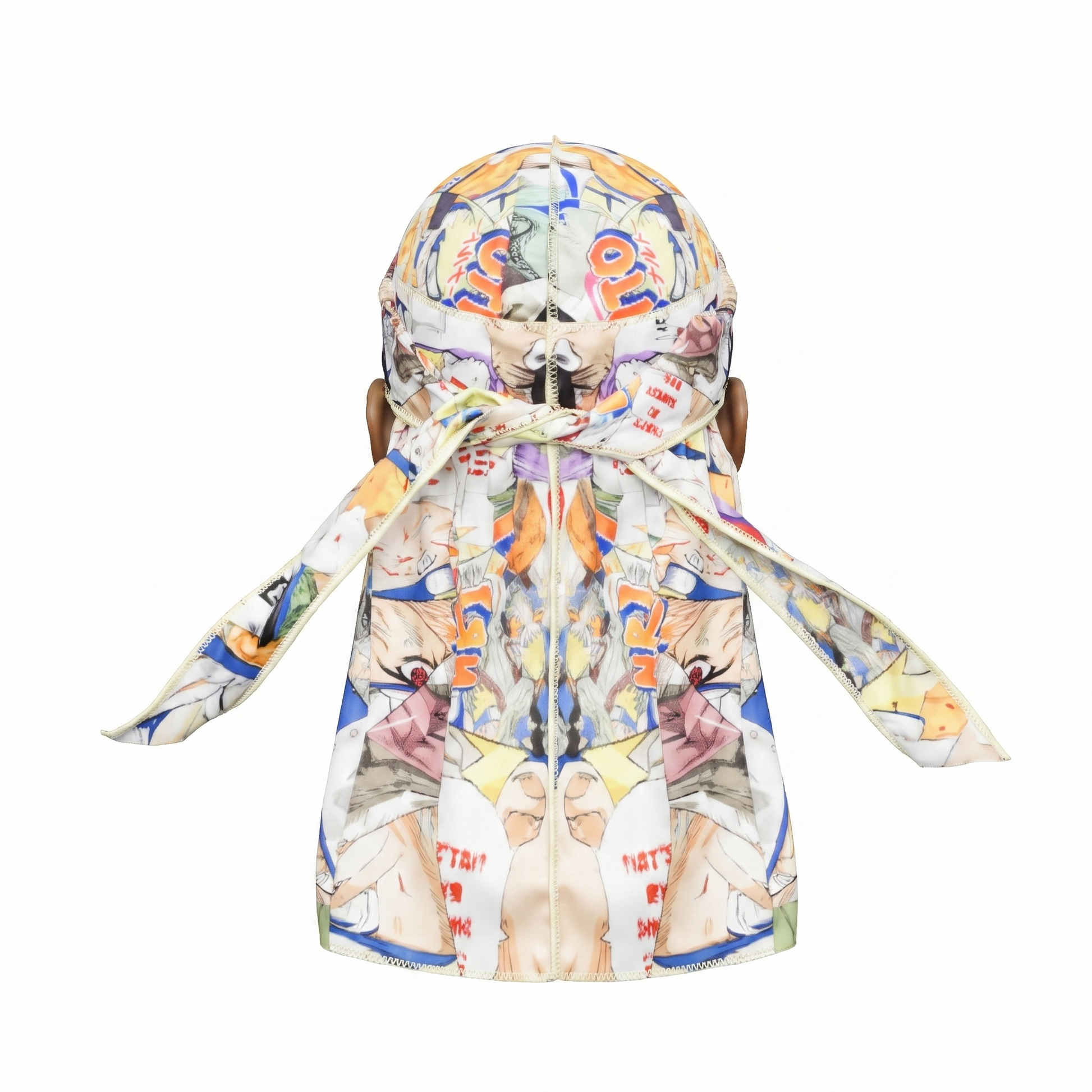 Naruto anime graphic Satin Silky Durag - premium silky durag back view showing wrap straps, tail and stitching