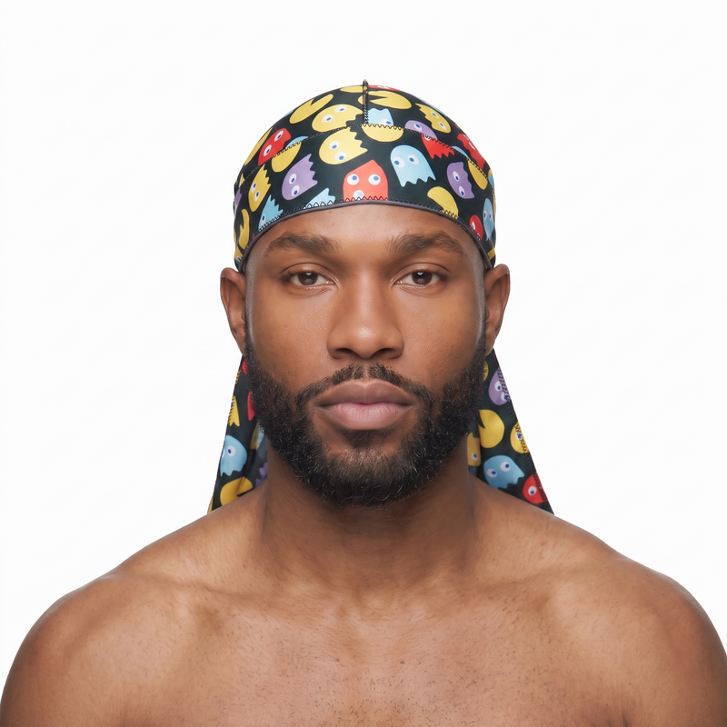 Pac-Man retro arcade Satin Silky Durag worn by male model, front view on white background