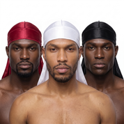 Premium Silk Durag Bundle Cherry Red - three models wearing Cherry Red, White and Black heavy silky durags