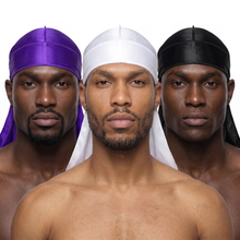 Premium Silk Durag Bundle Concord Purple - three models wearing Concord Purple, White and Black heavy silky durags