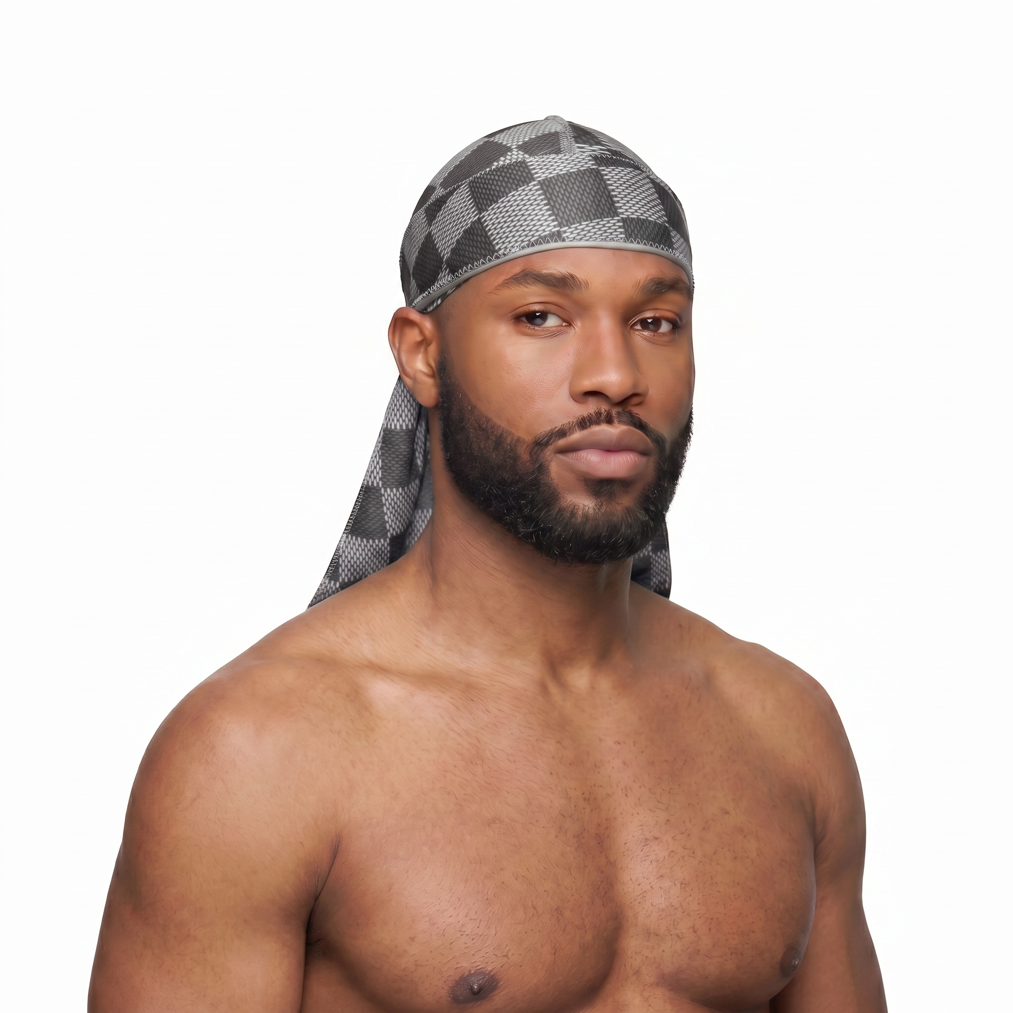 Checkered Greyscale Satin Silky Durag worn by male model, front view on white background