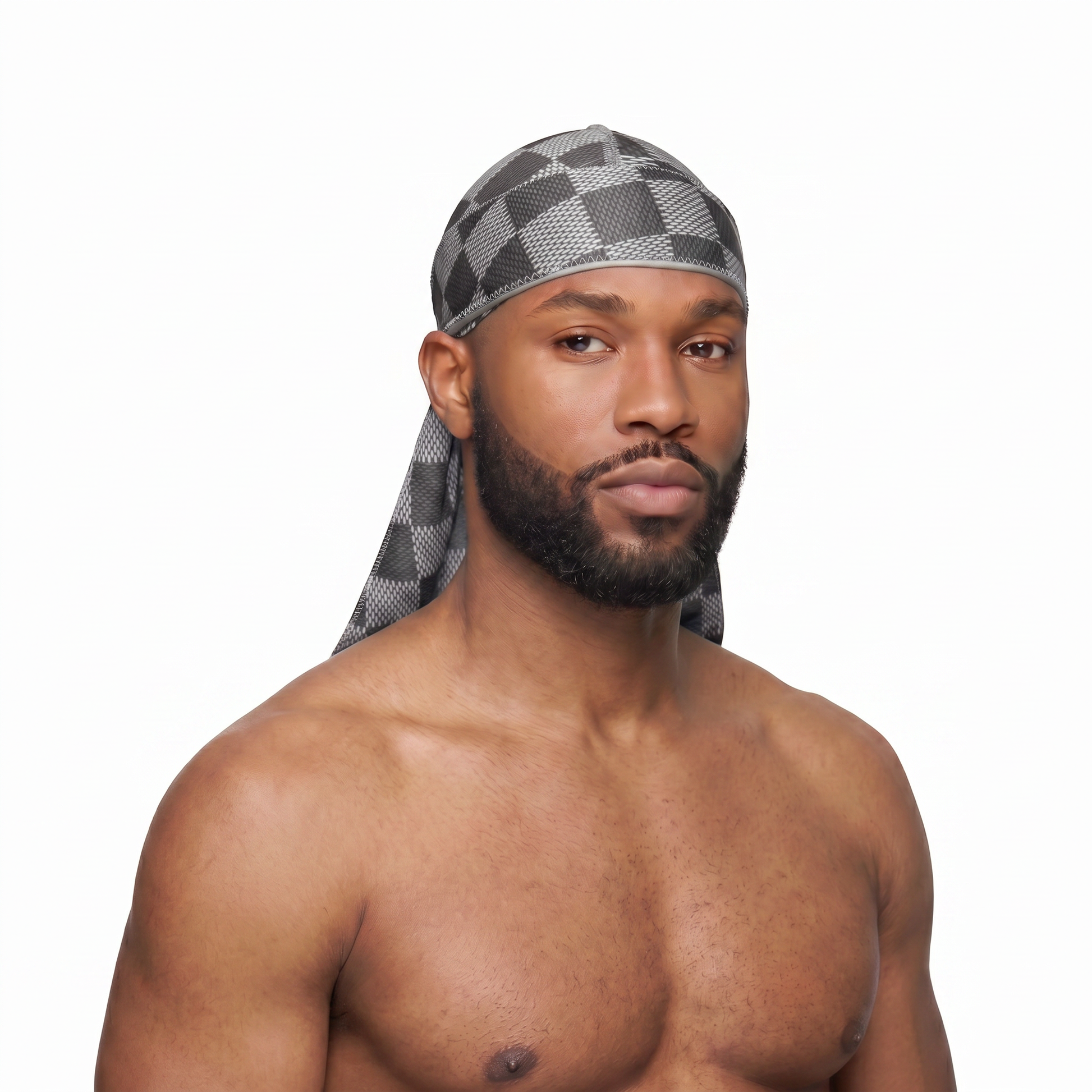 Checkered Greyscale Satin Silky Durag worn by male model, front view on white background