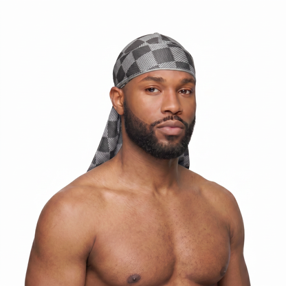 Checkered Greyscale Satin Silky Durag worn by male model, front view on white background