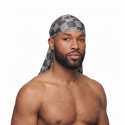 Checkered Greyscale Satin Silky Durag worn by male model, front view on white background