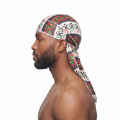 Juneteenth 3.0 red black and green Satin Silky Durag worn by male model, side profile showing fit and tail drape