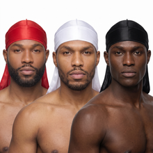 Premium Silk Durag Bundle Toronto Red - three models wearing Toronto Red, White and Black heavy silky durags