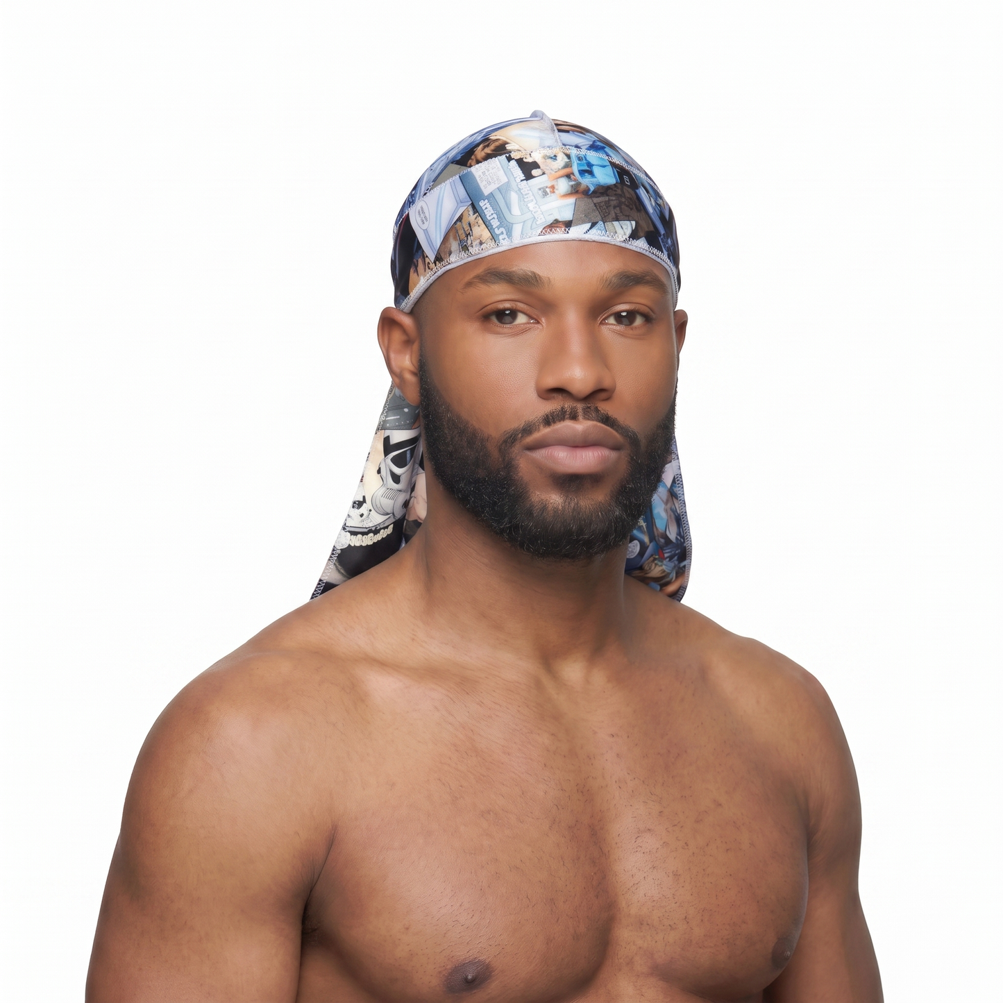 Star Wars space graphic Satin Silky Durag worn by male model, front view on white background