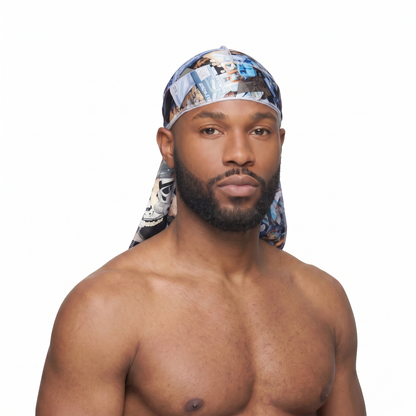 Star Wars space graphic Satin Silky Durag worn by male model, front view on white background