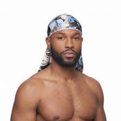 Star Wars space graphic Satin Silky Durag worn by male model, front view on white background