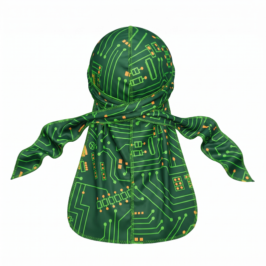 Digital Green pixel camo Satin Silky Durag - premium silky durag back view showing wrap straps, tail and stitching