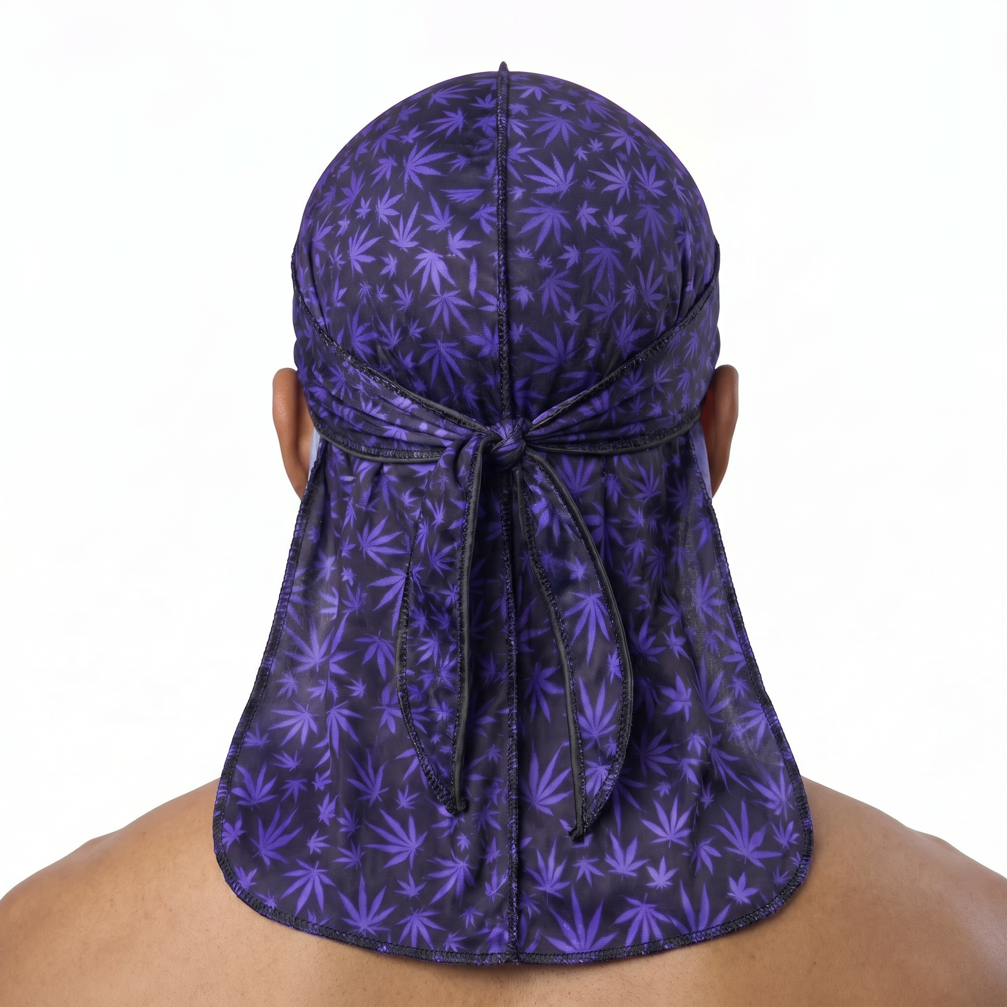 Cannabis Purple leaf print Satin Silky Durag worn by male model, back view showing tied wrap and tail