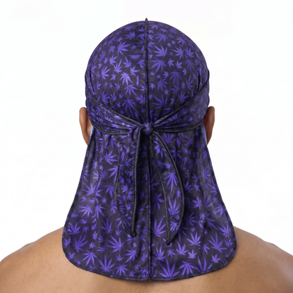 Cannabis Purple leaf print Satin Silky Durag worn by male model, back view showing tied wrap and tail