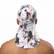 Demon Slayer anime graphic Satin Silky Durag worn by male model, back view showing tied wrap and tail