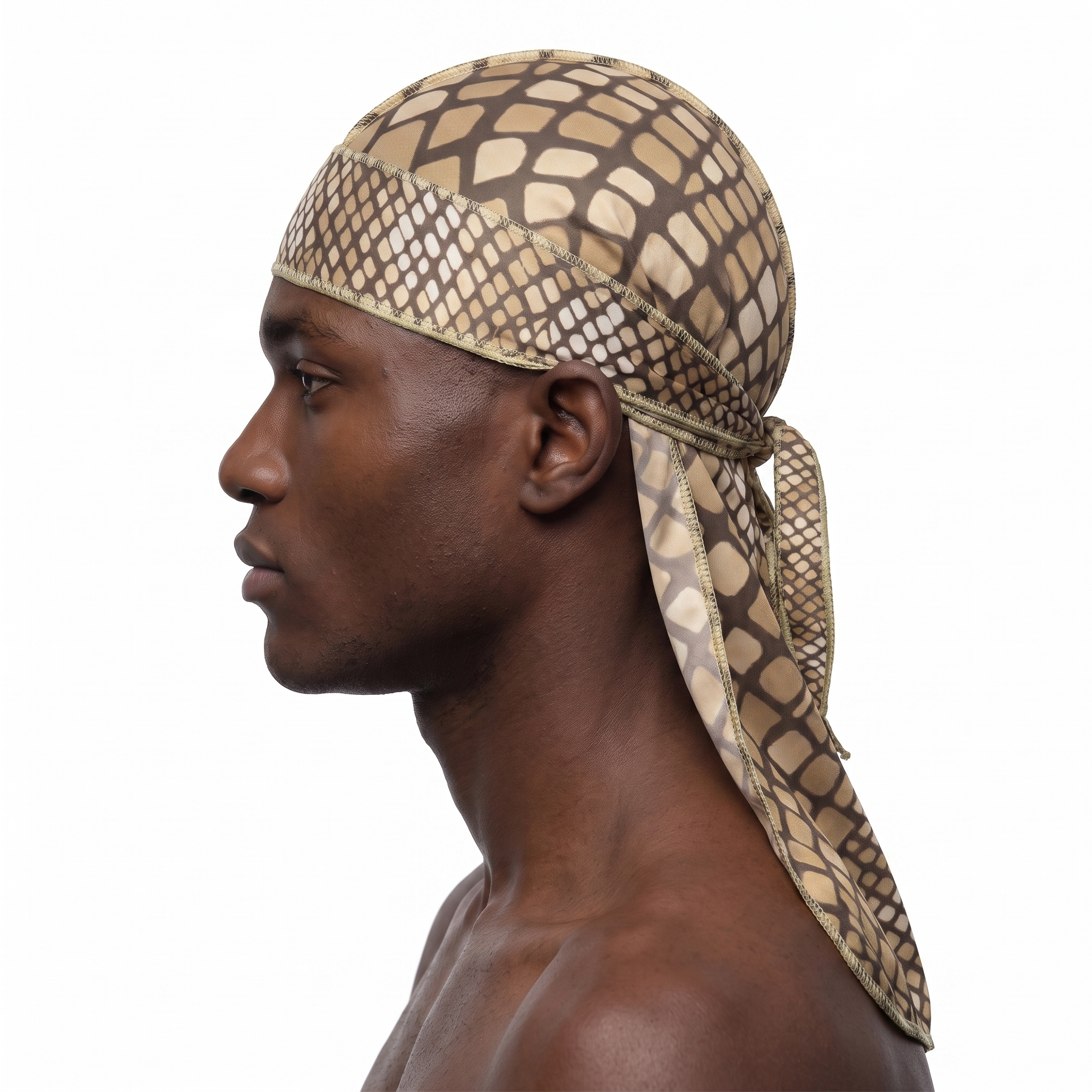 Tan reptile snakeskin Satin Silky Durag worn by male model, side profile showing fit and tail drape