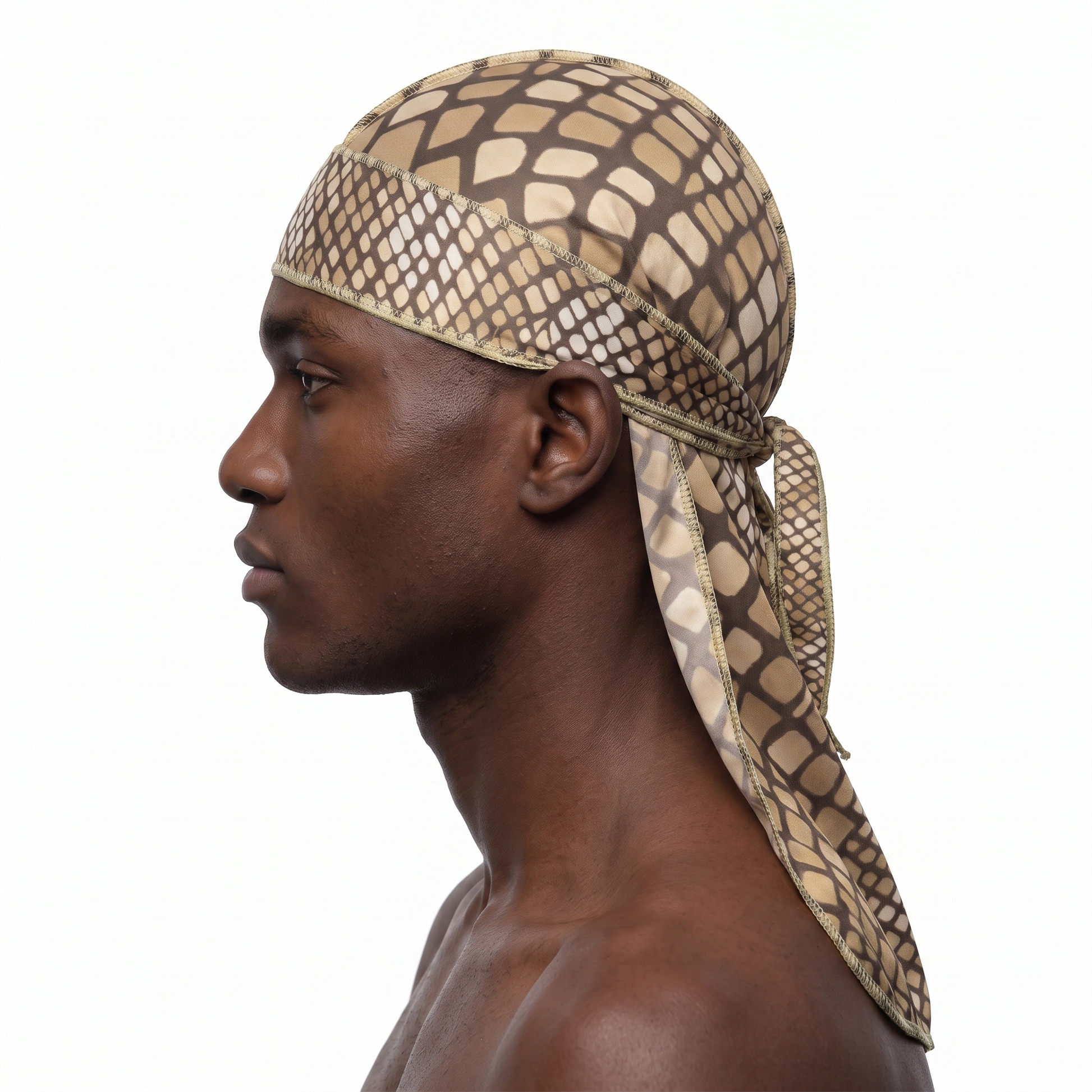 Tan reptile snakeskin Satin Silky Durag worn by male model, side profile showing fit and tail drape