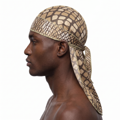 Tan reptile snakeskin Satin Silky Durag worn by male model, side profile showing fit and tail drape
