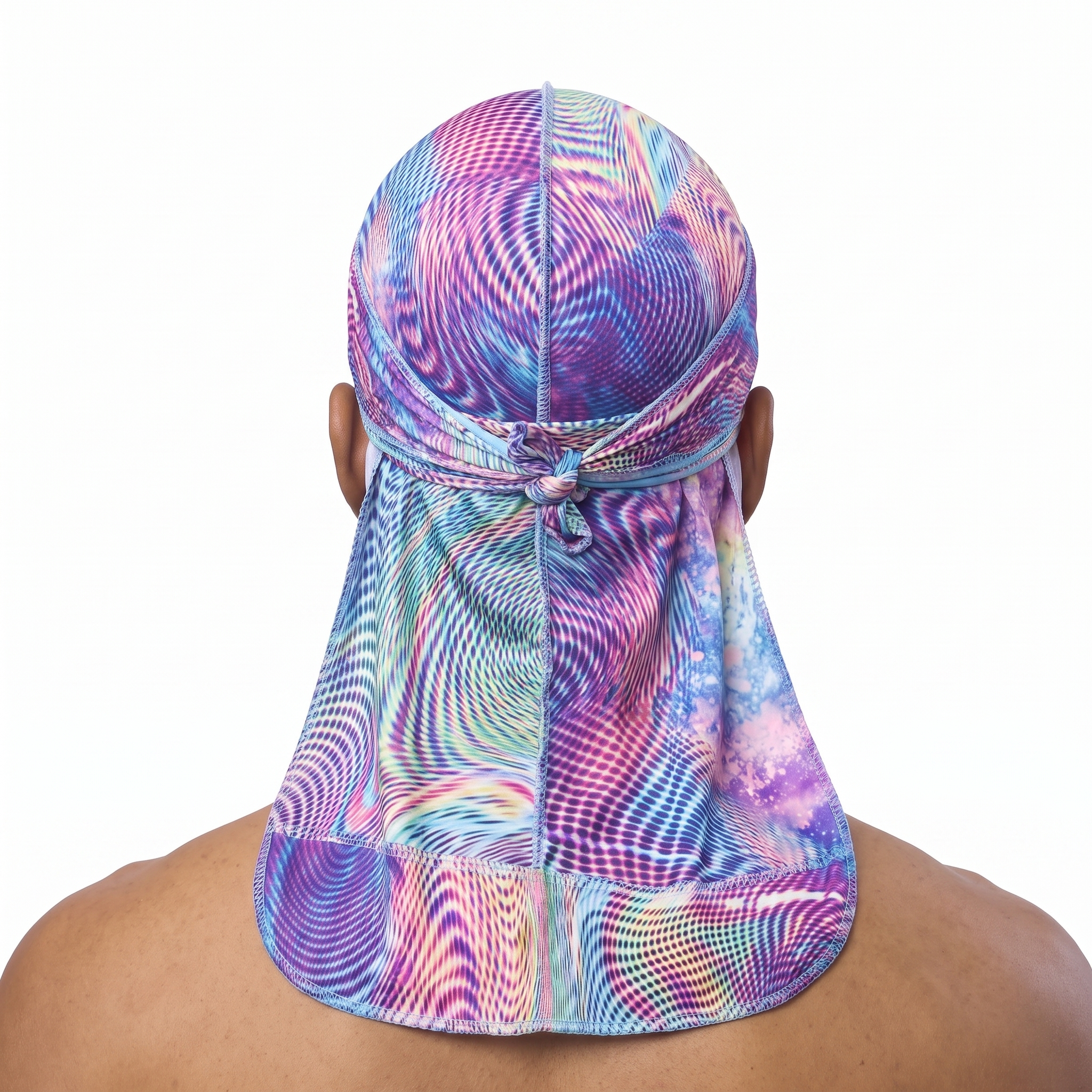 Purple optical illusion swirl Satin Silky Durag worn by male model, back view showing tied wrap and tail