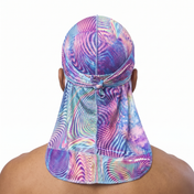 Purple optical illusion swirl Satin Silky Durag worn by male model, back view showing tied wrap and tail