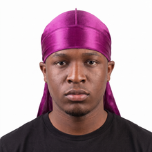 Premium Magenta Purple Silk Durag worn by male model, front view on white background