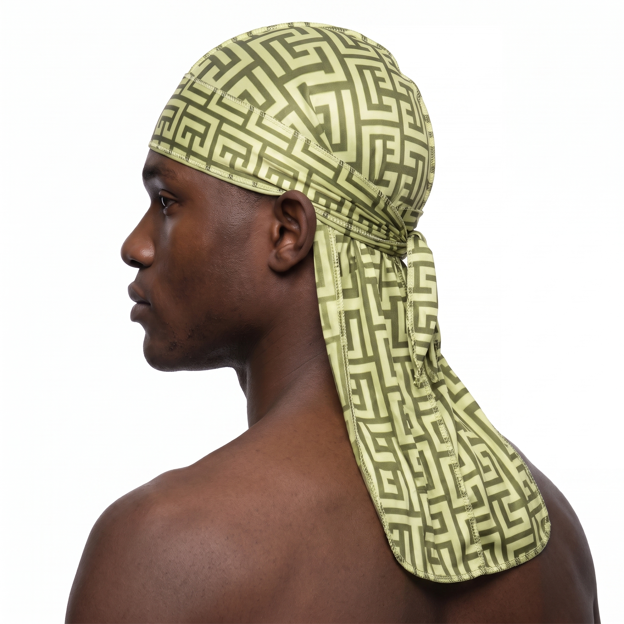 Olive Maze geometric Satin Silky Durag worn by male model, side profile showing fit and tail drape