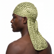 Olive Maze geometric Satin Silky Durag worn by male model, side profile showing fit and tail drape