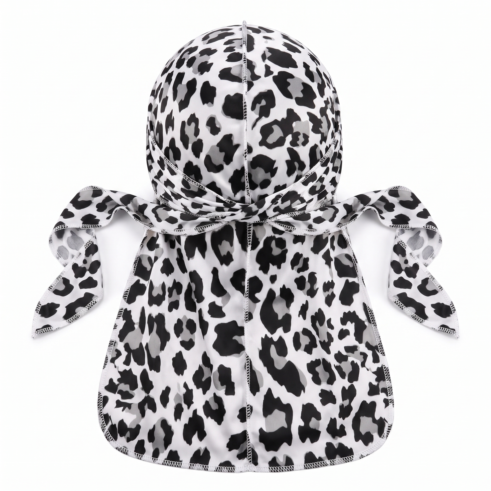 Snow Leopard spotted animal print Satin Silky Durag - premium silky durag back view showing wrap straps, tail and stitching