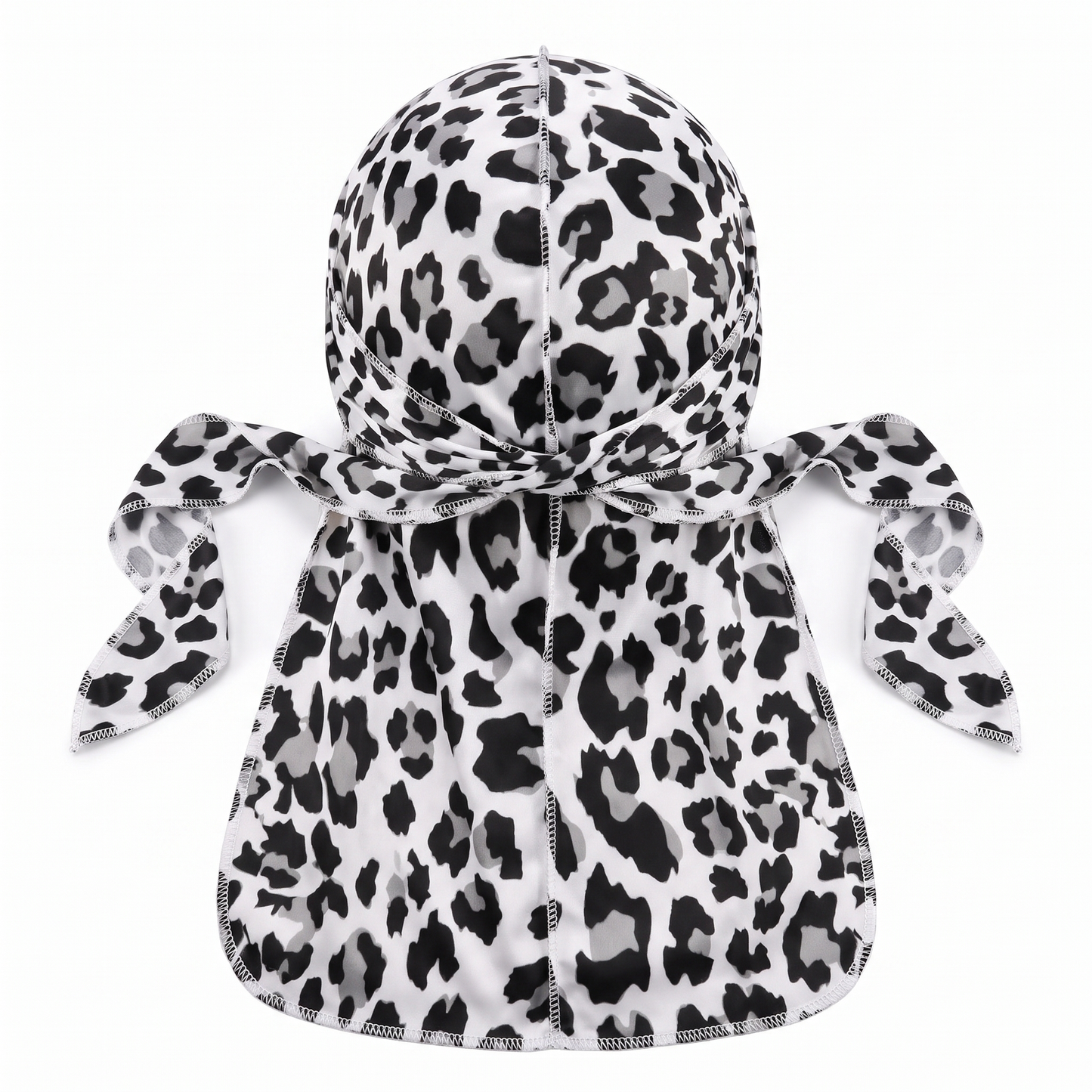 Snow Leopard spotted animal print Satin Silky Durag - premium silky durag back view showing wrap straps, tail and stitching